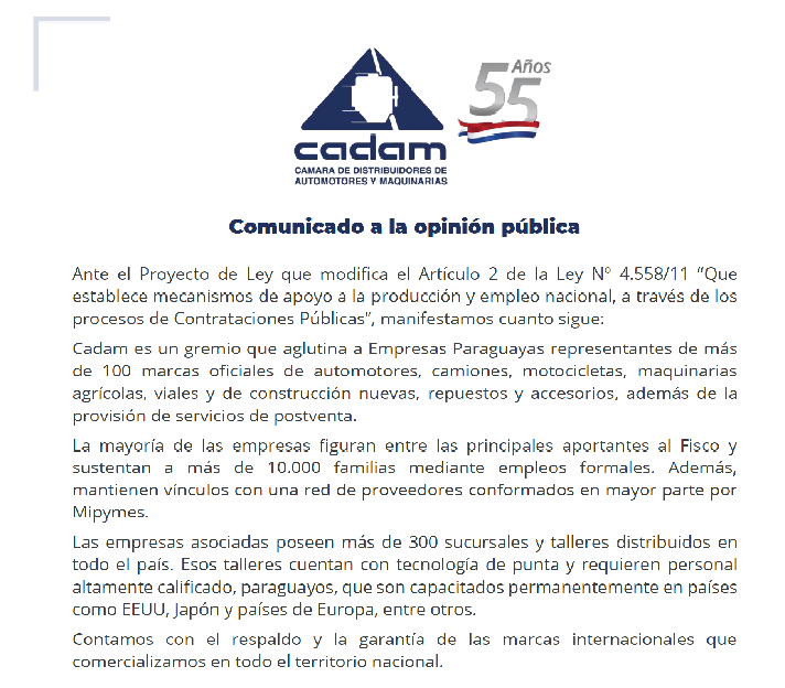 Cadam rechaza Proyecto de Ley que eleva margen de preferencia