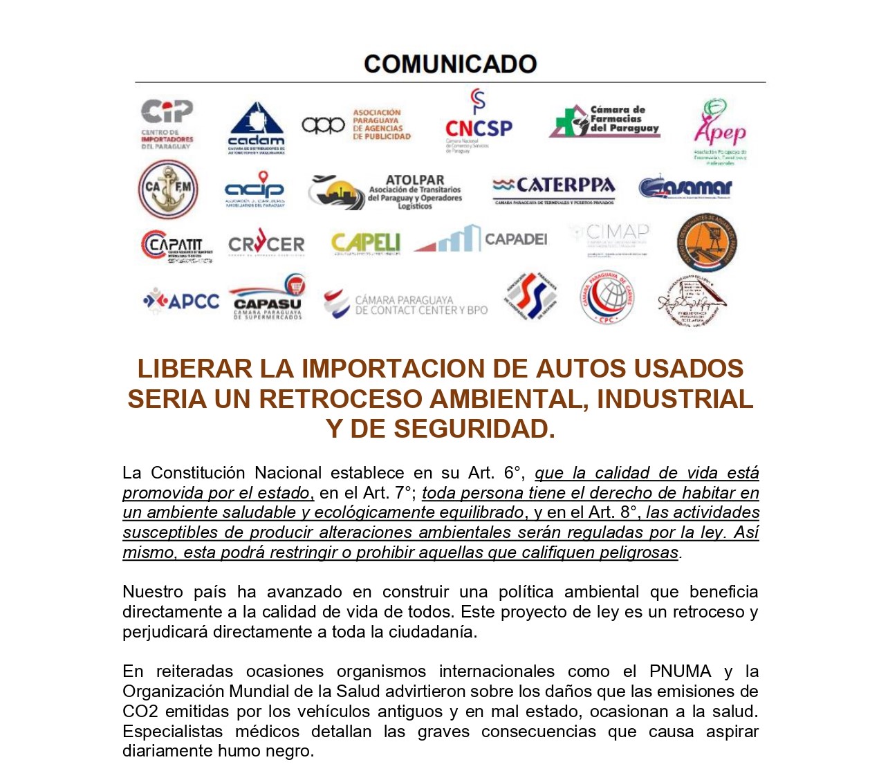 LIBERAR LA IMPORTACION DE AUTOS USADOS SERIA UN RETROCESO AMBIENTAL, INDUSTRIAL Y DE SEGURIDAD.